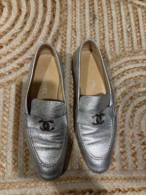 CHANEL Metallic Silver Loafers used